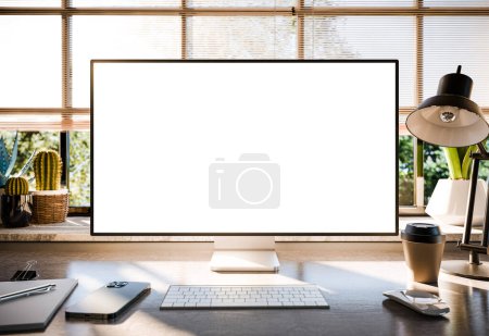 Téléchargez les photos : Ordinateur tout-en-un avec une façade à écran blanc dans un loft industriel vert écologique intérieur de bureau. 3d rendu - en image libre de droit