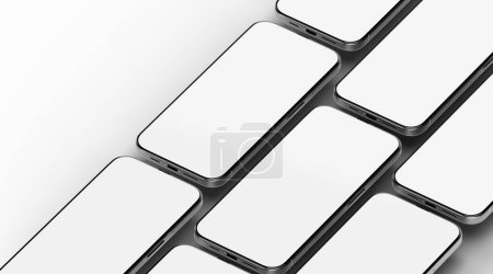 Smartphone with a modern bezel-less design with empty space for your content. Array of phones in a row in isometric view.