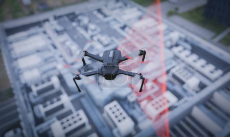 Drone effectuant une inspection du toit et un balayage 3D. Une solution idéale pour surveiller l'état des bâtiments et des infrastructures urbaines à l'aide de technologies avancées.