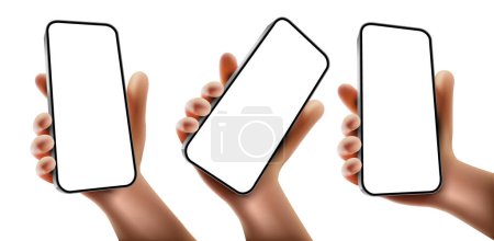 Téléchargez les photos : Set of cartoon-style hands holding a modern frameless smartphone with a blank screen. Vector template format - en image libre de droit