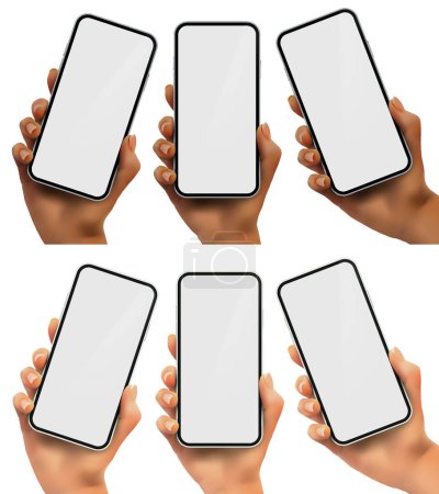 Téléchargez les photos : Modèles de mains vectorielles avec smartphones affichant des écrans vides, y compris les versions en noir et blanc. - en image libre de droit
