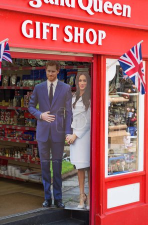 Photo for Windsor, UK - May 5, 2023: Harry and Megan banner at gift shop - Royalty Free Image
