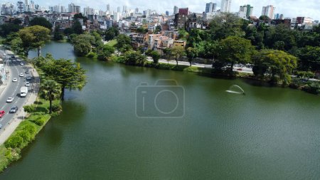 Photo for Salvador, bahia, brazil - august 2, 2022: view of the lake from Dique de Itororo and sculpture of orixas, Candomble entities. - Royalty Free Image