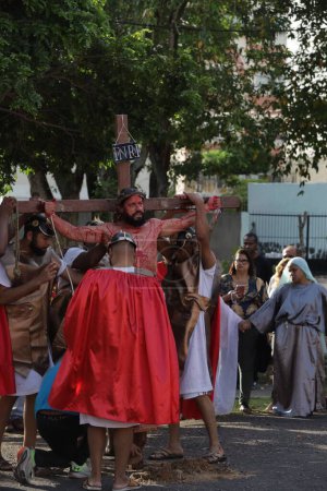 Photo for Salvador, bahia, brazil - march 29, 2024: actors perform the passion of christ in the city of salvador. - Royalty Free Image