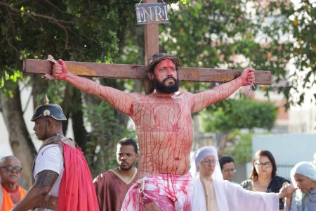 Photo for Salvador, bahia, brazil - march 29, 2024: actors perform the passion of christ in the city of salvador. - Royalty Free Image