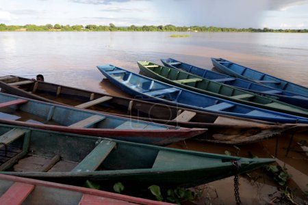 carinhanha, bahia, brazil - april 13, 2024: Fisherman's canoes are seen stuck on the banks of the Sao Francisco River in the city of Carinhanha.