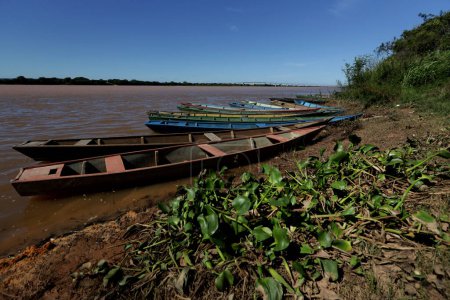 carinhanha, bahia, brasilien - 13. April 2024: Fischer-Kanus stecken am Ufer des Flusses Sao Francisco in der Stadt Carinhanha fest.