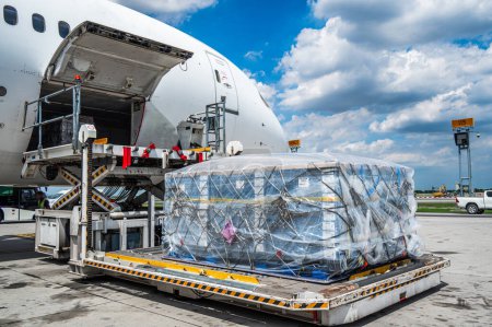 Foto de Los contenedores logísticos de carga aérea se están cargando en un avión. Envío de transporte aéreo preparado para la carga a aviones a reacción de carguero modernos en el aeropuerto. - Imagen libre de derechos
