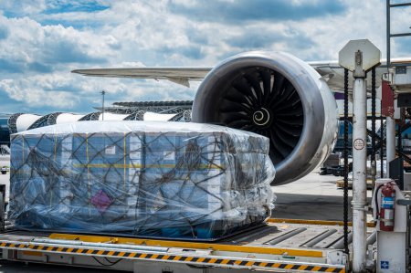 Foto de Los contenedores logísticos de carga aérea se están cargando en un avión. Envío de transporte aéreo preparado para la carga a aviones a reacción de carguero modernos en el aeropuerto. - Imagen libre de derechos