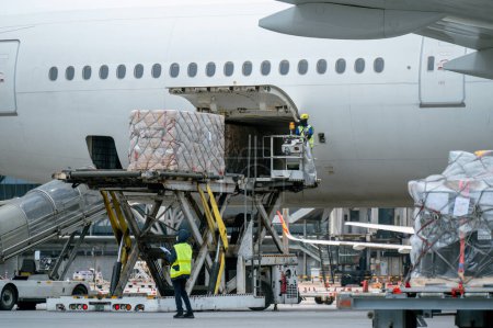 Foto de Los trabajadores están cargando contenedores logísticos de carga a un avión. Envío de transporte aéreo preparado para la carga a aviones a reacción de carguero modernos en el aeropuerto. - Imagen libre de derechos