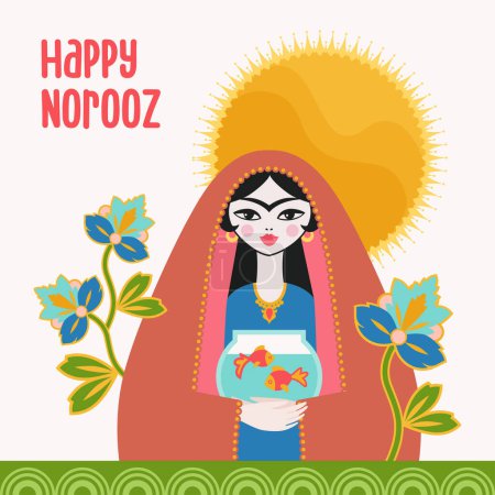 Illustration for Hand Drawn Greeting Card template with title Happy Norooz - the traditional Persian New Year Holiday. - Royalty Free Image