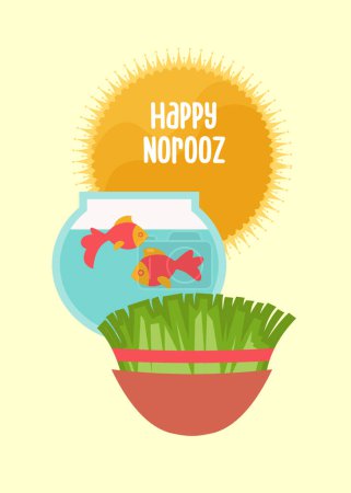 Ilustración de Plantilla de tarjeta de felicitación dibujada a mano con título Happy Norooz: las tradicionales vacaciones de año nuevo persas
. - Imagen libre de derechos