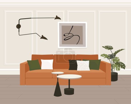 Téléchargez les illustrations : Trandy scandinavian modern home design. Livingroom interior vector illustration. Flat interior furniture elements sofa, tables set, plant - en licence libre de droit