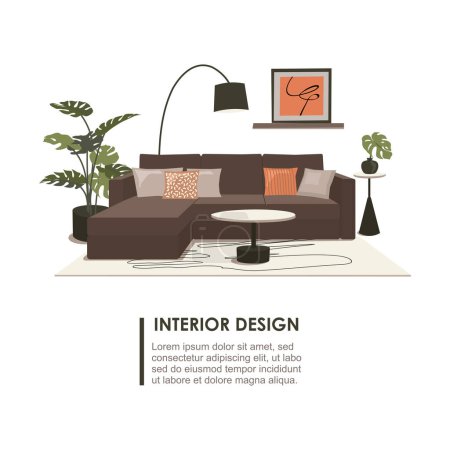 Illustration for Trandy scandinavian modern home design. Livingroom interior vector illustration. Flat interior furniture elements sofa, tables set, plant - Royalty Free Image