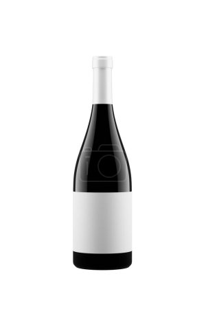 3D-Rendering, dunkle Glasflasche mit Rotwein und Etikett auf weißem Hintergrund.