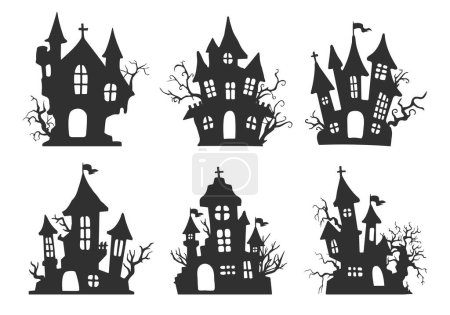 Illustration for Silhouette of vampire castle Scary ghost house on Halloween night. - Royalty Free Image