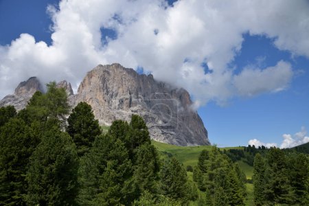 Photo for Northern rock face of the Sassolungo, 3181 meters high, as can be admired from the Sella pass, located between Val Gardena and Val di Fassa - Royalty Free Image