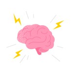 Human brain illustration. Brain with flashes of lightning and rays. Finding an idea or solving a problem. Vector flat illustration isolated on the white background.