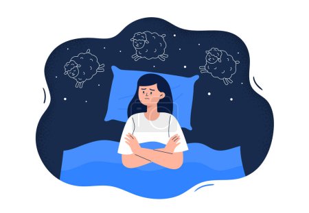 Schlafstörungen, Schlaflosigkeit und Stresssymptome. Junge müde Frau liegt im Bett und zählt Schafe zum Einschlafen. Vektor flache Darstellung isoliert auf weißem Hintergrund.