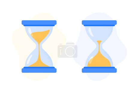 Illustration for Hourglass with sand inside to measure time. Clock and time, timer, countdown instrument. Vector flat illustrations isolated on the white background. - Royalty Free Image
