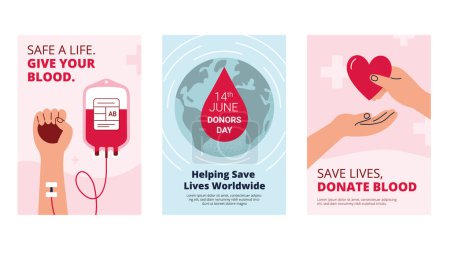 Blood donation concepts. Give blood, save lives, and help people. World Blood Donor Day. Vector poster templates with various illustrations.