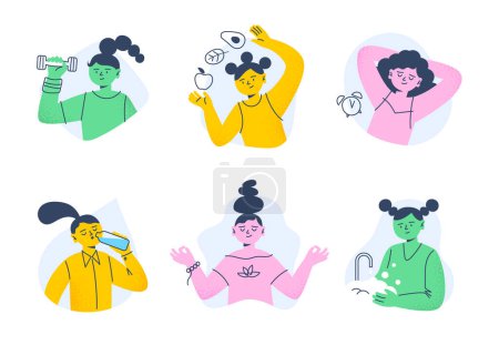 Healthy habits for boosting the immune system. Well-being lifestyle and immunity support. Cute cartoon characters are isolated on a white background.