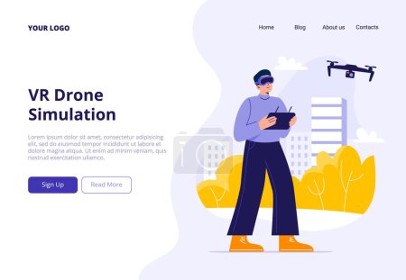 Illustration for A young man uses virtual reality glasses to fly a drone outdoors. Exploring a VR technology. Vector flat illustrations for website, mobile app, and promo materials. - Royalty Free Image
