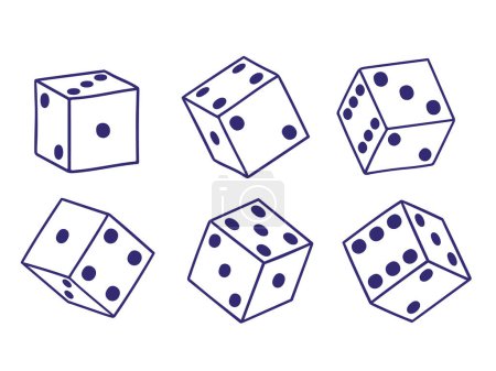 Doodles set with dice. Cubes with random numbers of dots. Gambling games, poker, or board games. Hand-drawn vector illustrations isolated on a white background.