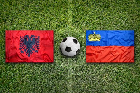 Albanien vs. Liechtenstein Fahnen auf grünem Fußballplatz