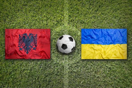 Albanien vs. Ukraine Fahnen auf grünem Fußballfeld