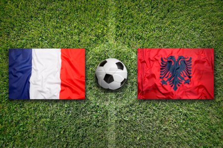 Francia vs. Albania banderas en el campo de fútbol verde
