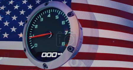 Taquímetro de alta velocidad sobre fondo de bandera de Estados Unidos. Renderizado 3D