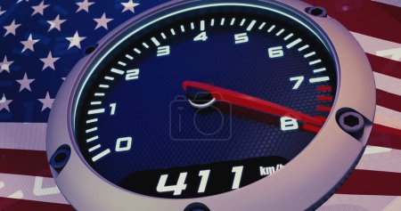 Foto de Taquímetro de alta velocidad sobre fondo de bandera de Estados Unidos. Renderizado 3D - Imagen libre de derechos