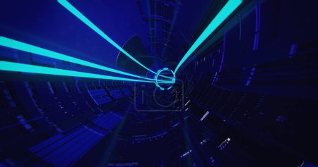 Futuristic neon tunnel with glowing blue and green lights. 3D render