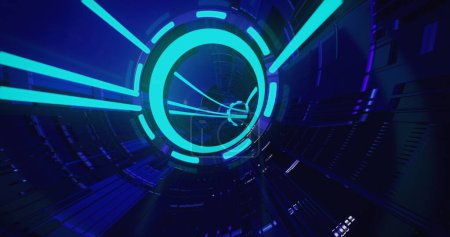 Futuristic neon tunnel with glowing blue and green lights. 3D render