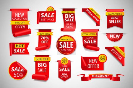 Illustration for Price tags, red and yellow ribbon banners. Sale promotion, website stickers, special offer badge collection isolated. Vector illustration. - Royalty Free Image