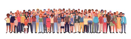 Illustration for Multinational large group of people isolated on white background. Children, adults and teenagers stand together. Vector illustration - Royalty Free Image