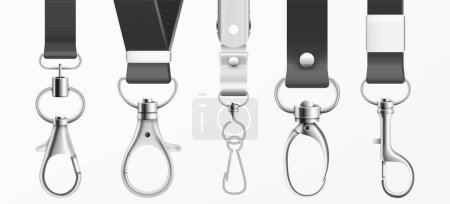 Illustration for Metal claw clasp on black lanyards set vector illustration - Royalty Free Image