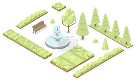 Ilustración de Parque isométrico elementos de paisaje conjunto con árboles, arbustos, fuentes y macizos de flores vector ilustración - Imagen libre de derechos