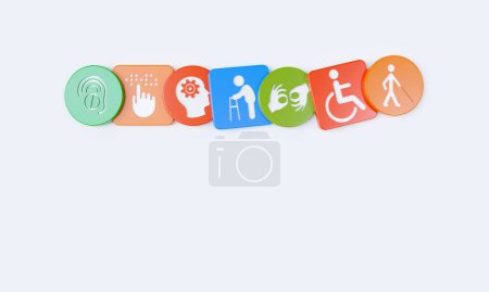 Disability icons engraved on plastic cubes and circles. 3D Rendering.