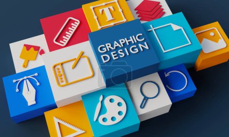 Graphic Design icons on dark background. 3DRendering