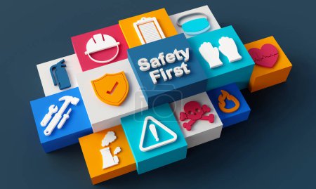 Safety icons on dark background. 3D Rendering