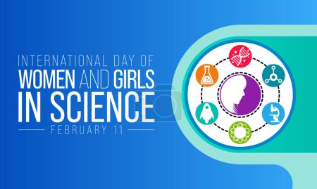 Téléchargez les illustrations : La Journée internationale des femmes et des filles en sciences est célébrée chaque année le 11 février. Cette journée reconnaît le rôle crucial des femmes et des filles dans les sciences et la technologie. Illustration vectorielle - en licence libre de droit