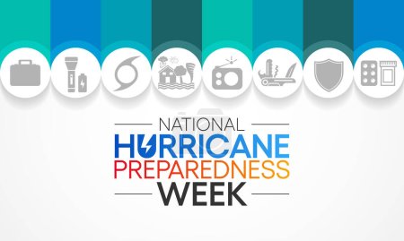 Die Woche der Hurrikanvorsorge findet jedes Jahr im Mai statt. Es ist ein Bemühen, die Öffentlichkeit über Hurrikangefahren zu informieren und Wissen zu verbreiten, das zur Vorbereitung und zum Handeln genutzt werden kann. Vektor