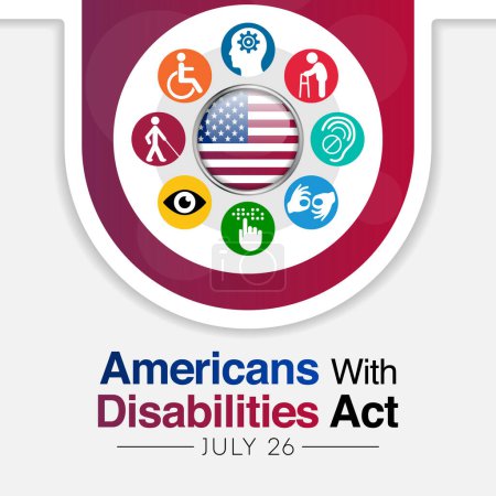 Los estadounidenses con discapacidad se observan cada año el 26 de julio, ADA es una ley de derechos civiles que prohíbe la discriminación basada en la discapacidad. Ilustración vectorial