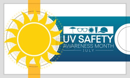 Ilustración de El mes de seguridad UV se observa cada año en julio, es un tipo de radiación electromagnética que hace que los carteles de luz negra brillen, y es responsable de los bronceos y quemaduras solares de verano. Ilustración vectorial - Imagen libre de derechos