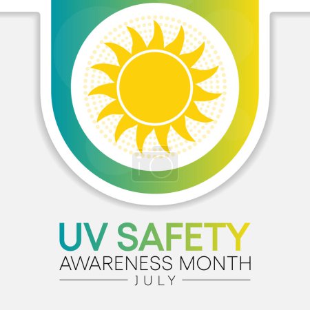 Ilustración de El mes de seguridad UV se observa cada año en julio, es un tipo de radiación electromagnética que hace que los carteles de luz negra brillen, y es responsable de los bronceos y quemaduras solares de verano. Ilustración vectorial - Imagen libre de derechos