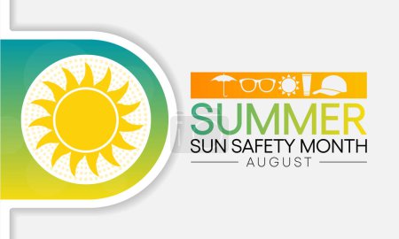 Ilustración de El mes de verano de seguridad solar se observa cada año en agosto, se celebra para conocer algunos de los efectos dañinos de la exposición ultravioleta (UV), y consejos para ayudar a proteger a las personas durante los meses de verano.. - Imagen libre de derechos