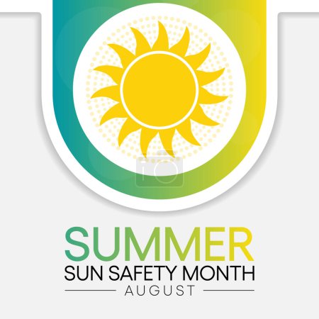Ilustración de El mes de verano de seguridad solar se observa cada año en agosto, se celebra para conocer algunos de los efectos dañinos de la exposición ultravioleta (UV), y consejos para ayudar a proteger a las personas durante los meses de verano.. - Imagen libre de derechos