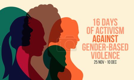 Cada año se celebran 16 días de activismo contra la violencia de género del 25 de noviembre al 10 de diciembre en todo el mundo. Ilustración vectorial
